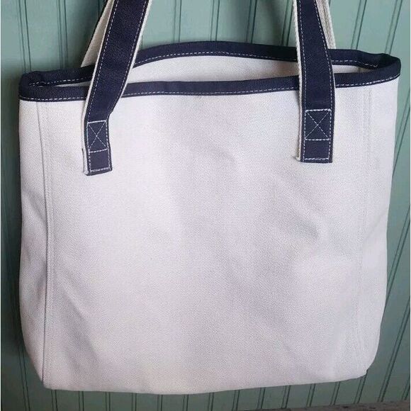 Lands End Canvas Tote 14x15x5‎ White Bag Tan Blue Logo & Trim Shopper Beach EUC - Picture 6 of 8